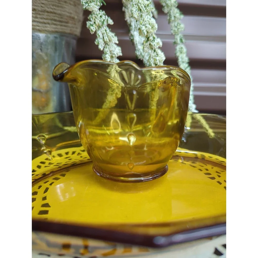 Vintage Amber Pressed Glass Creamer‎ and Tea Platter Tray Serving Dish Plate